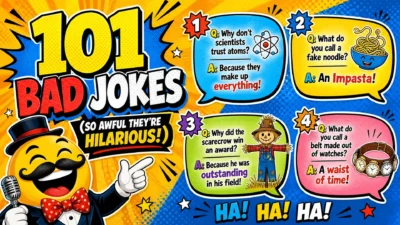 A vibrant 1920x1080px landscape poster in a pop-art style titled "101 BAD JOKES (So Awful They're Hilarious!)". It features a laughing yellow emoji character with a mustache, bowtie, and top hat. Four "bad" jokes are shown: scientists not trusting atoms, a fake noodle (an impasta), a scarecrow winning an award, and a belt made of watches (a waist of time).