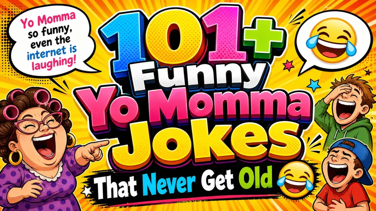 A vibrant, comic-book style 1920x1080 image featuring bold 3D text that reads "101+ Funny Yo Momma Jokes That Never Get Old 😂". The background has bright orange and yellow sunburst rays. It includes illustrations of a laughing woman with hair curlers, a laughing teenager, and a young boy. A speech bubble says, "Yo Momma so funny, even the internet is laughing!"