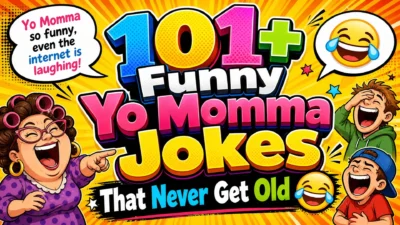 A vibrant, comic-book style 1920x1080 image featuring bold 3D text that reads "101+ Funny Yo Momma Jokes That Never Get Old 😂". The background has bright orange and yellow sunburst rays. It includes illustrations of a laughing woman with hair curlers, a laughing teenager, and a young boy. A speech bubble says, "Yo Momma so funny, even the internet is laughing!"