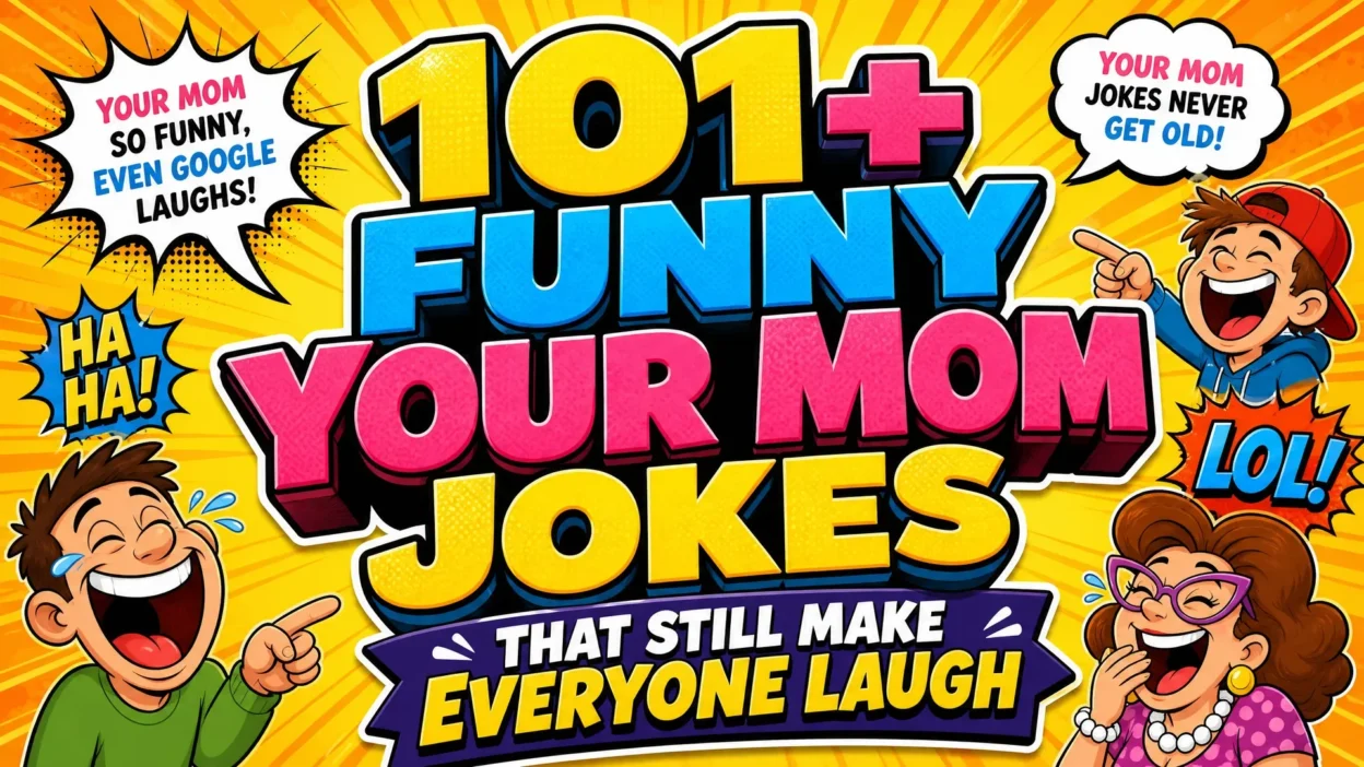 A vibrant comic-book style illustration featuring bold 3D text that reads "101+ Funny Your Mom Jokes That Still Make Everyone Laugh." The image has a bright yellow sunburst background and includes cartoon characters laughing heartily with speech bubbles containing extra jokes like "Your mom so funny, even Google laughs!"
