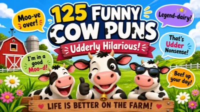 A vibrant cartoon farm scene featuring three happy cows in a green pasture. One cow is winking, one is laughing, and one is wearing sunglasses. Speech bubbles around them feature funny cow puns.
