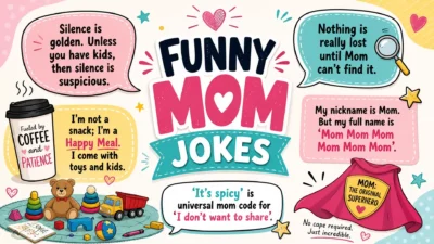 A vibrant infographic featuring funny mom jokes in colorful speech bubbles, accompanied by playful illustrations of a coffee cup, a messy pile of toys, and a superhero cape.