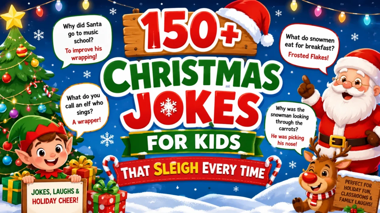Colorful Christmas jokes for kids banner with Santa, elf, reindeer, Christmas tree, snow, presents, and funny holiday joke bubbles.