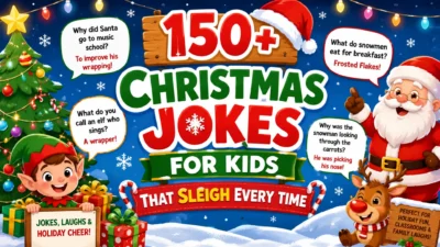Colorful Christmas jokes for kids banner with Santa, elf, reindeer, Christmas tree, snow, presents, and funny holiday joke bubbles.