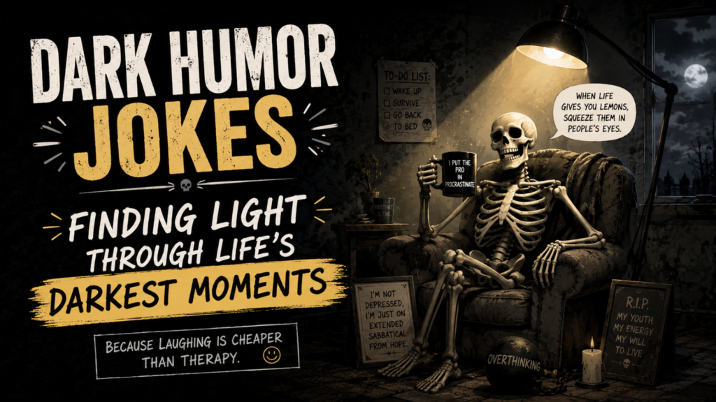 A square dark-humor-inspired poster featuring a skeleton relaxing in a cozy armchair under warm lamplight, surrounded by heartfelt reflections about coping, acceptance, resilience, and growth. Bold typography highlights the theme “Heartfelt Reflections Inspired by Dark Humor.”