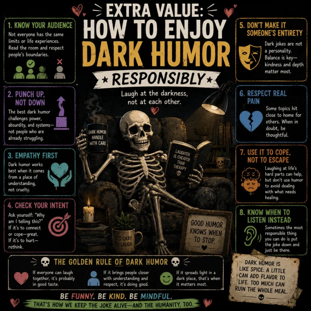 A square infographic poster titled “Extra Value: How to Enjoy Dark Humor Responsibly,” featuring a skeleton reading in a cozy armchair surrounded by colorful panels about empathy, respect, audience awareness, and mindful humor. The artwork combines dark comedy aesthetics with positive guidance on using humor thoughtfully.