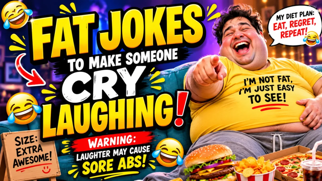 Fat Jokes to Make Someone Cry Laughing with funny cartoon characters sharing lighthearted jokes and big smiles