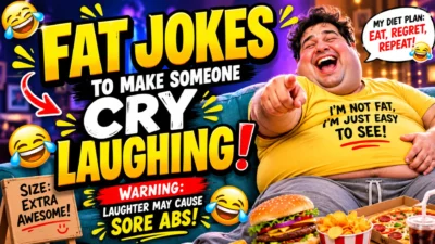 Fat Jokes to Make Someone Cry Laughing with funny cartoon characters sharing lighthearted jokes and big smiles