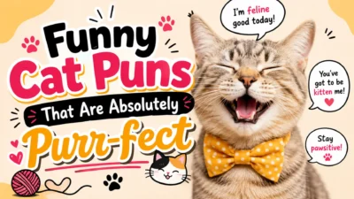 Funny cat puns featured on a colorful 1920x1080 graphic with a smiling tabby cat wearing a yellow bow tie, playful speech bubbles, paw prints, hearts, and humorous feline wordplay.