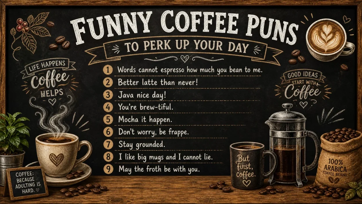 A high-resolution 1920x1080 infographic poster with a rustic chalkboard theme. The title "FUNNY COFFEE PUNS TO PERK UP YOUR DAY" is written in chalk-style lettering at the top. Below, a numbered list of nine coffee puns is displayed, including "Words cannot espresso how much you bean to me" and "Better latte than never!". The scene is decorated with realistic illustrations of a steaming coffee mug, a French press, coffee beans, and a small "Coffee: Because adulting is hard" sign on a wooden table.