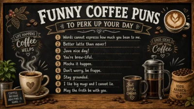 A high-resolution 1920x1080 infographic poster with a rustic chalkboard theme. The title "FUNNY COFFEE PUNS TO PERK UP YOUR DAY" is written in chalk-style lettering at the top. Below, a numbered list of nine coffee puns is displayed, including "Words cannot espresso how much you bean to me" and "Better latte than never!". The scene is decorated with realistic illustrations of a steaming coffee mug, a French press, coffee beans, and a small "Coffee: Because adulting is hard" sign on a wooden table.