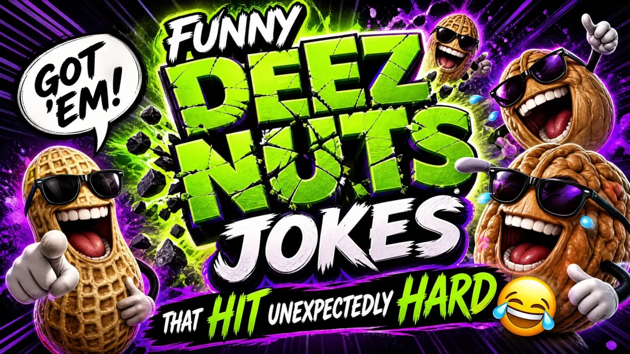 A high-energy 1920x1080 graphic featuring bold, neon green 3D text that reads "FUNNY DEEZ NUTS JOKES THAT HIT UNEXPECTEDLY HARD." The words "DEEZ NUTS" have a cracked, shattered effect. The background is a vibrant mix of purple and black with explosive bursts and motion lines. Several stylized cartoon nuts (peanuts and walnuts) wearing sunglasses are laughing hysterically, with one pointing and a speech bubble saying "GOT 'EM!"