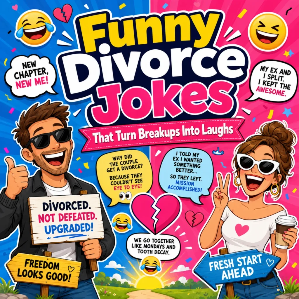 Funny divorce jokes graphic with happy cartoon ex-couple, broken hearts, laughing emojis, fresh start signs, confetti, and bold breakup humor text.