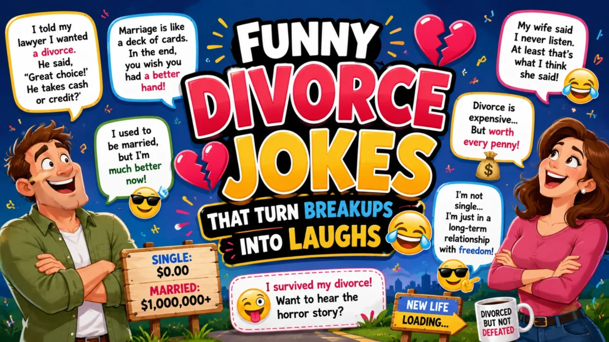 Funny divorce jokes banner with cartoon ex-couple, broken hearts, laughing emojis, speech bubbles, and bold colorful breakup humor text.