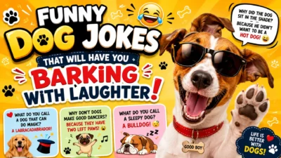 Funny dog jokes infographic featuring cartoon dogs, colorful panels, and humorous joke bubbles designed for social media engagement and laughter.