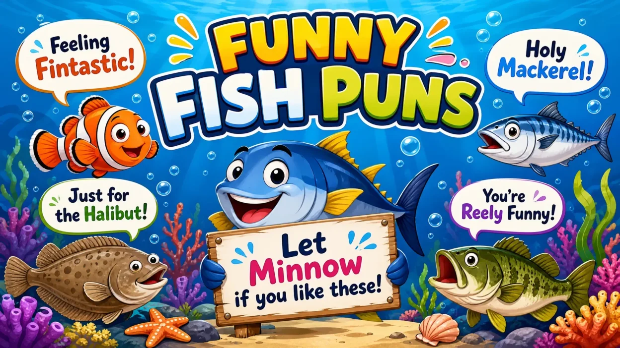 A vibrant cartoon underwater scene featuring various cheerful fish with speech bubbles containing puns like "Feeling Fintastic!", "Holy Mackerel!", and "You're Reely Funny!".
