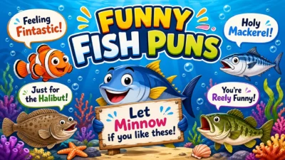 A vibrant cartoon underwater scene featuring various cheerful fish with speech bubbles containing puns like "Feeling Fintastic!", "Holy Mackerel!", and "You're Reely Funny!".