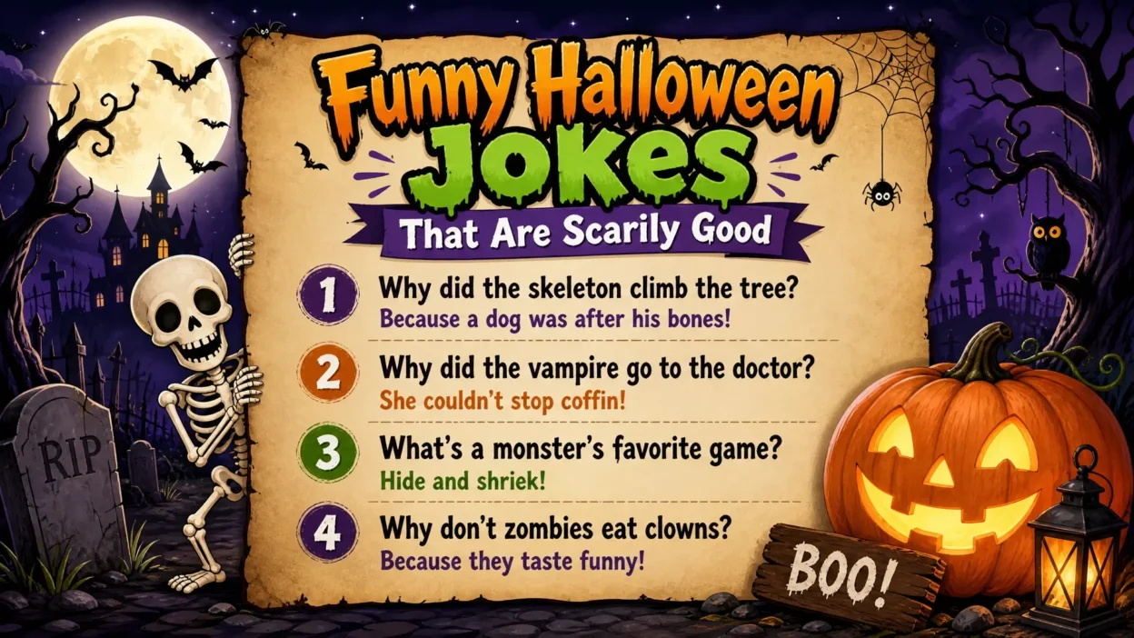 A festive Halloween-themed poster featuring four jokes on a parchment background, with a skeleton, a glowing jack-o-lantern, and a spooky moonlit graveyard in the background.
