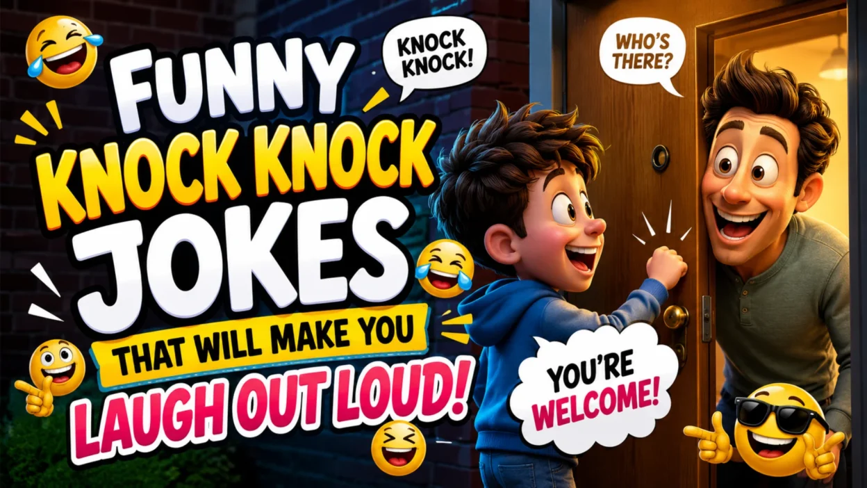 Colorful cartoon illustration featuring funny knock knock jokes with a smiling child knocking on a door, laughing emojis, and playful text designed for humor and entertainment.