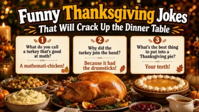 A landscape 1920x1080px graphic featuring a beautifully set Thanksgiving dinner table with a roasted turkey, mashed potatoes, and pumpkin pie. The headline reads "Funny Thanksgiving Jokes That Will Crack Up the Dinner Table" and displays three holiday-themed jokes.