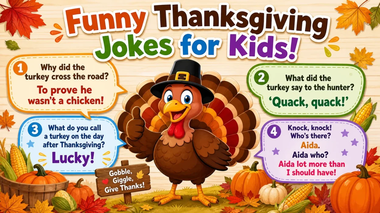 Happy children laughing around a Thanksgiving dinner table while sharing funny turkey jokes, with a roasted turkey, autumn decorations, pumpkins, and festive holiday vibes.