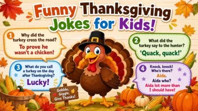 Happy children laughing around a Thanksgiving dinner table while sharing funny turkey jokes, with a roasted turkey, autumn decorations, pumpkins, and festive holiday vibes.