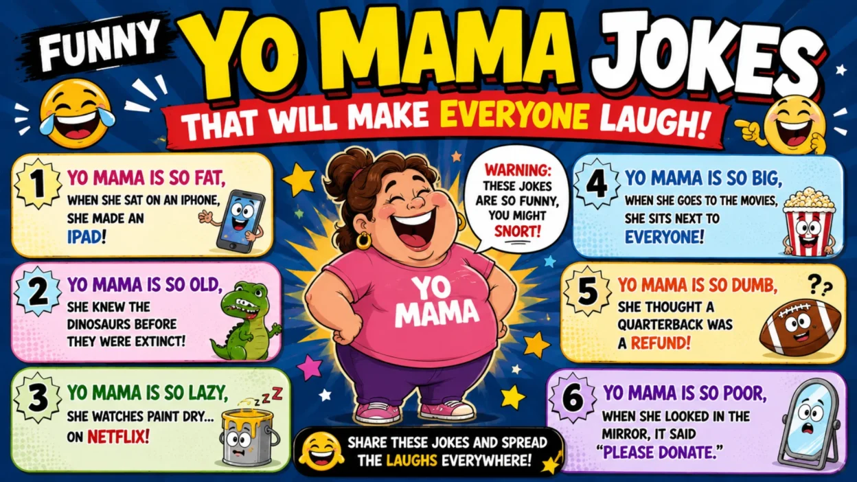 Colorful cartoon-style infographic featuring funny Yo Mama jokes, a laughing cartoon mother character, emoji reactions, and humorous joke panels designed for entertainment and social sharing.