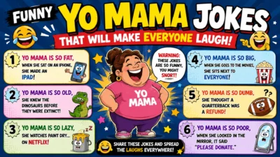 Colorful cartoon-style infographic featuring funny Yo Mama jokes, a laughing cartoon mother character, emoji reactions, and humorous joke panels designed for entertainment and social sharing.