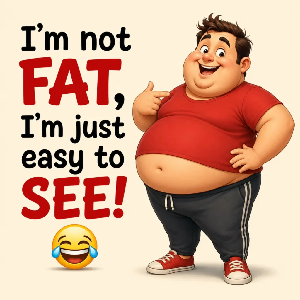 Short one-liner fat jokes with funny cartoon characters sharing quick, lighthearted laughs