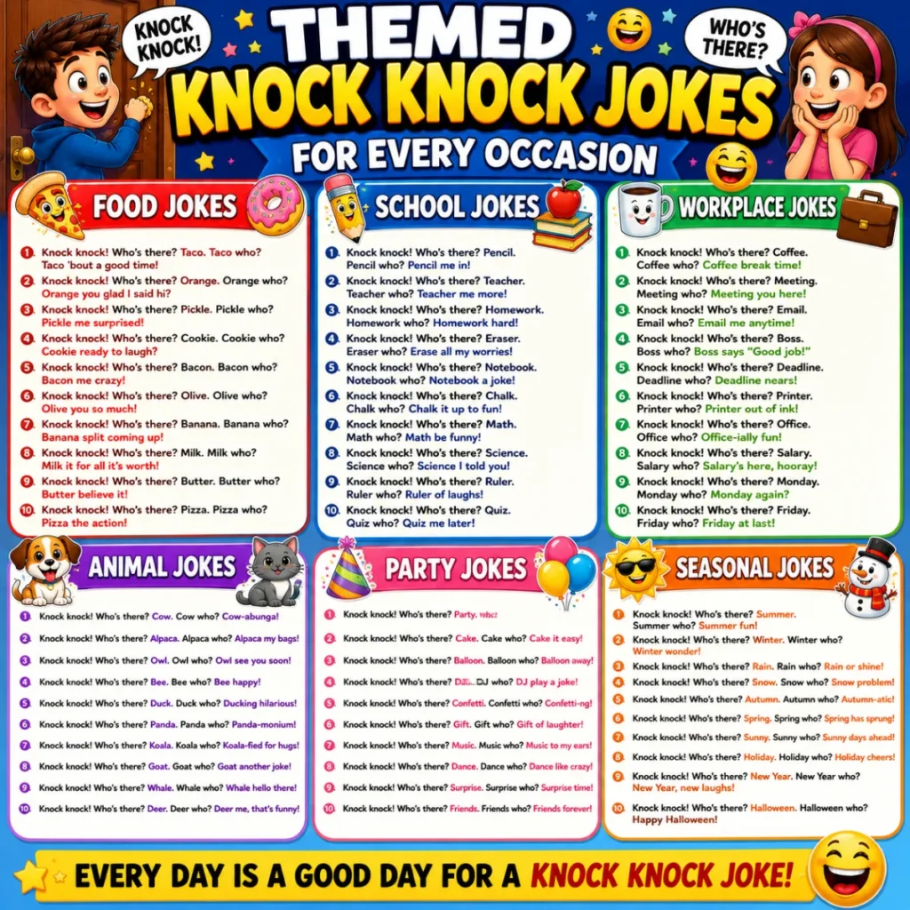Colorful square infographic featuring themed knock knock jokes for every occasion, including food jokes, school jokes, workplace humor, animal jokes, party jokes, and seasonal jokes with fun cartoon characters.