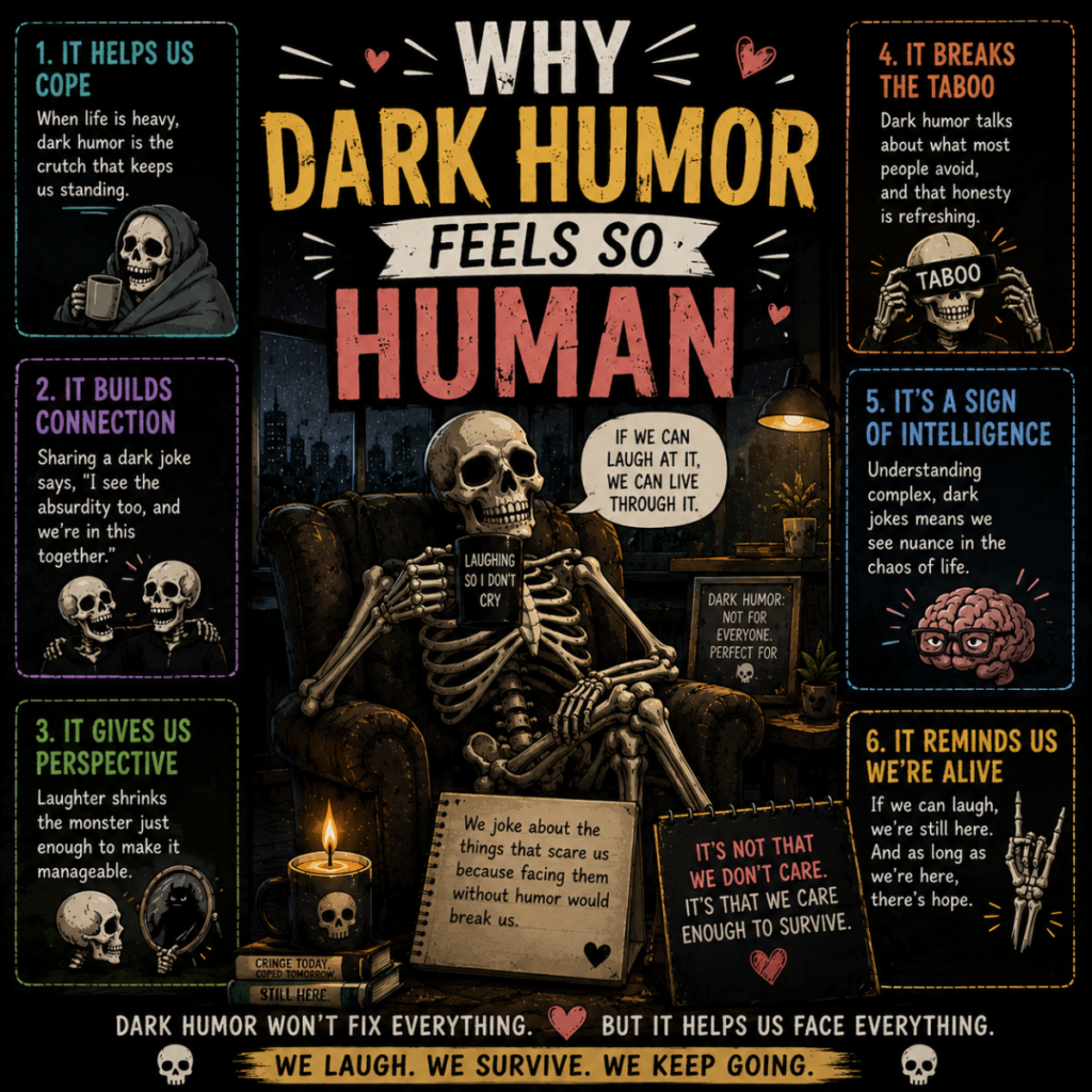 A square infographic-style illustration titled “Why Dark Humor Feels So Human,” featuring a skeleton relaxing in an armchair while holding a coffee mug. Surrounded by colorful panels, the artwork explores themes of coping, connection, perspective, taboo-breaking, intelligence, and resilience through dark humor.