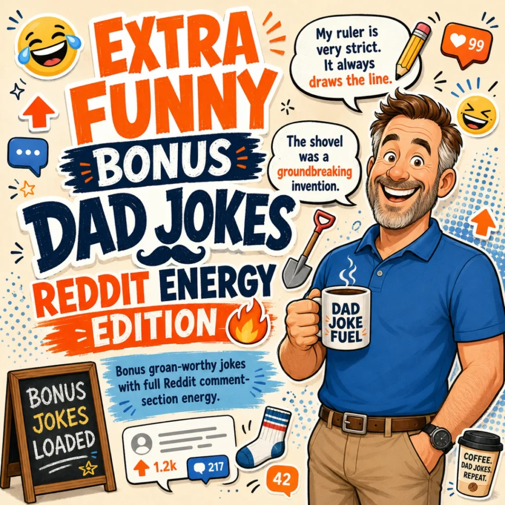 Extra funny bonus dad jokes inspired by Reddit, featuring a cheerful dad delivering hilarious puns and cheesy one-liners while family and friends laugh together in a lively, fun-filled setting.