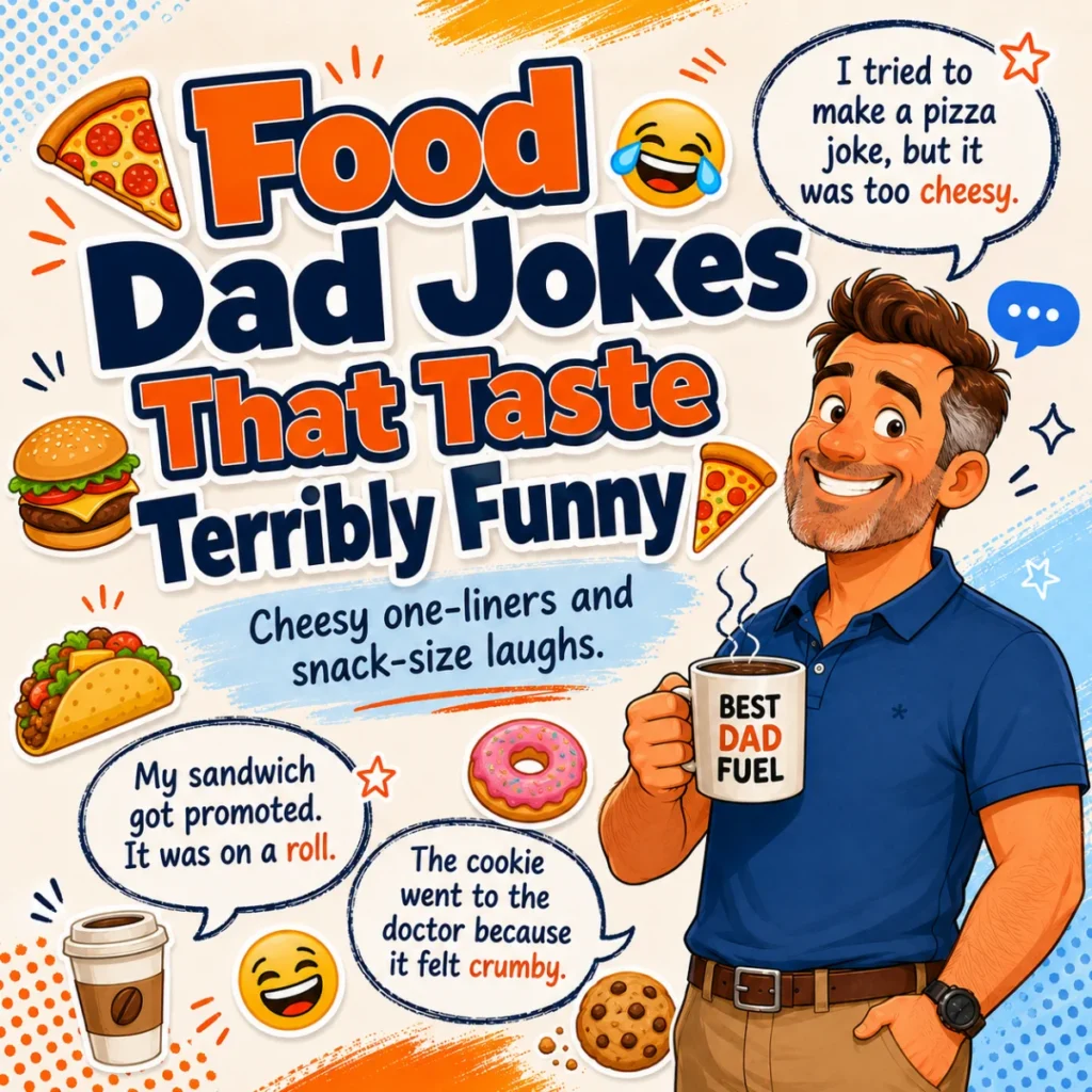 Food dad jokes featuring pizza, burgers, tacos, and other tasty treats with a cheerful dad cracking hilarious food-themed puns that make everyone laugh around the dinner table.
