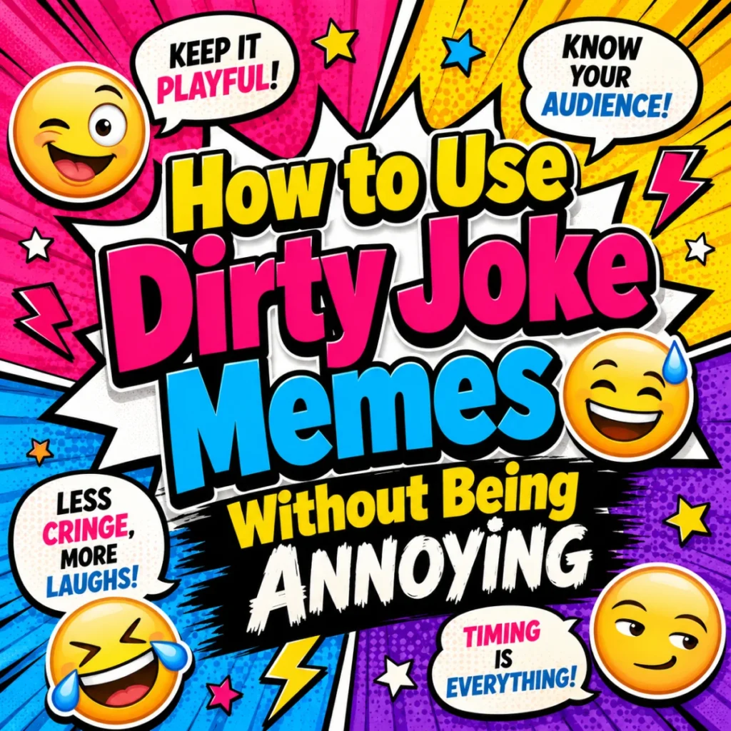 Illustration about using dirty joke memes appropriately with friends, featuring playful humor, social media chat icons, and laughing reactions.