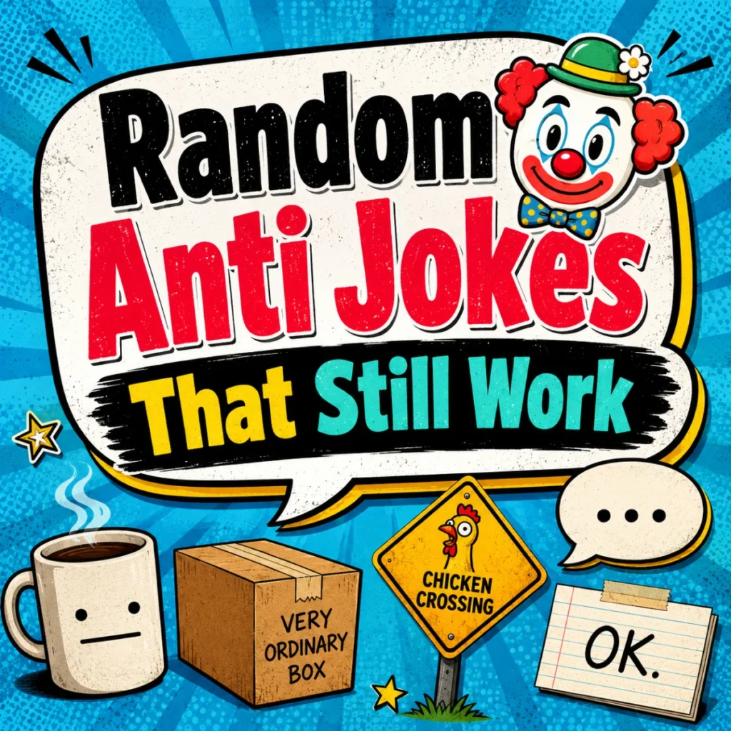 Random anti jokes with weird, unexpected punchlines that still work and deliver clean, awkward laughs.