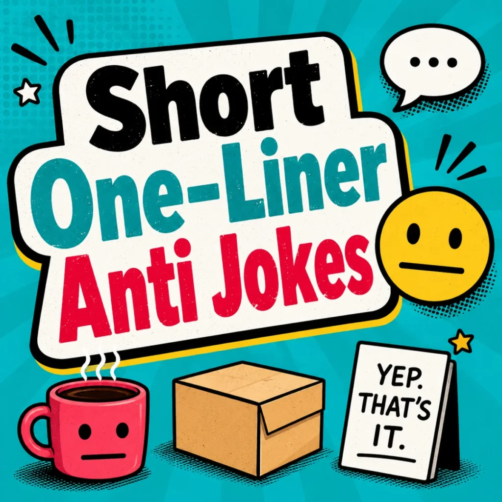 Short one-liner anti jokes with dry humor, literal punchlines, and unexpected twists that make you laugh.