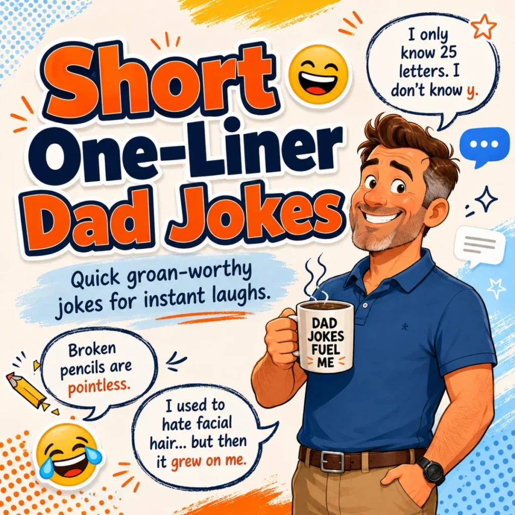 Short one-liner dad jokes featuring a smiling dad delivering quick, cheesy jokes that make family and friends laugh together in a fun, lighthearted setting.