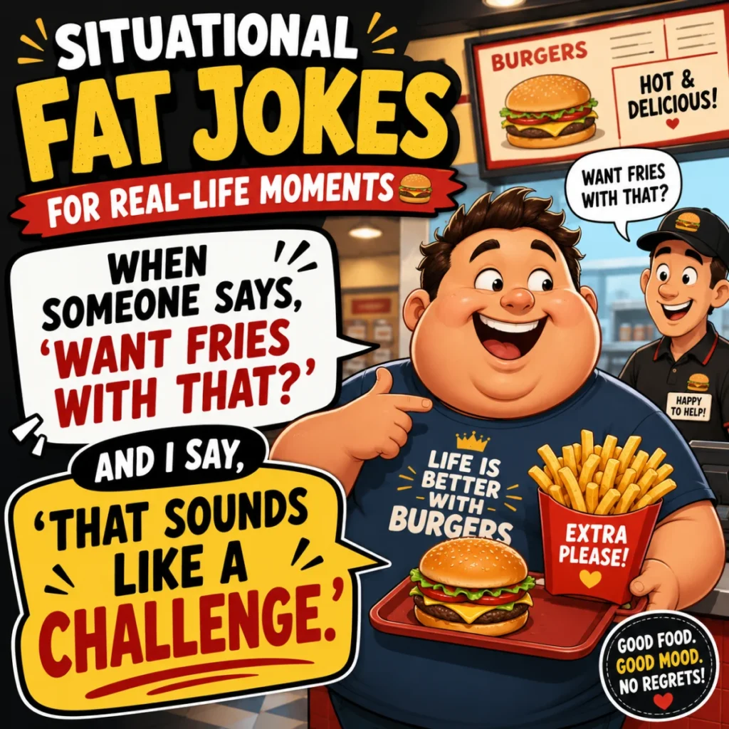 Situational fat jokes featuring funny cartoon characters in everyday real-life moments with playful humor