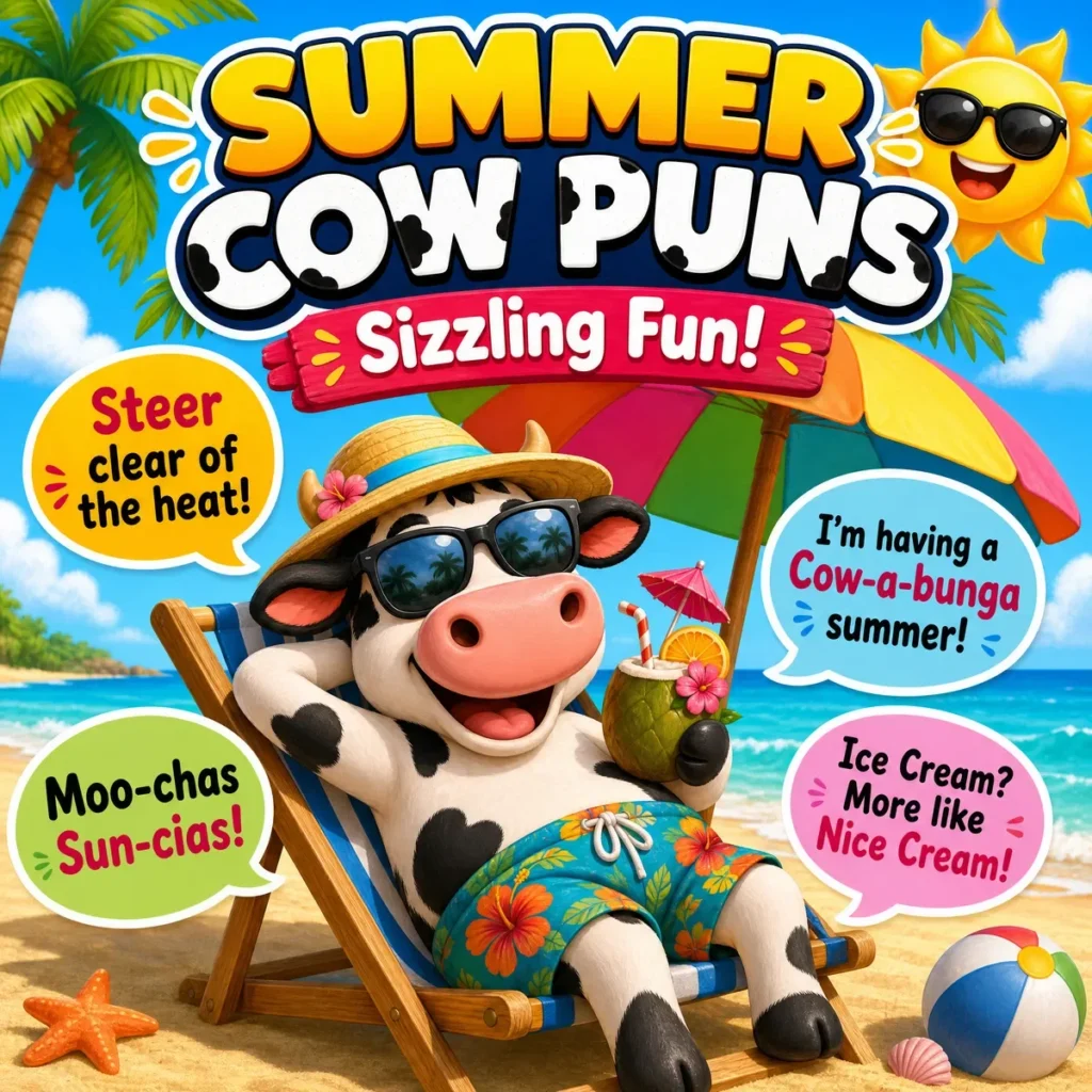 A square illustration of a cartoon cow wearing sunglasses, a sun hat, and swim trunks, relaxing on a beach chair under a colorful umbrella. The background shows a sunny beach with a bright sun and blue ocean.