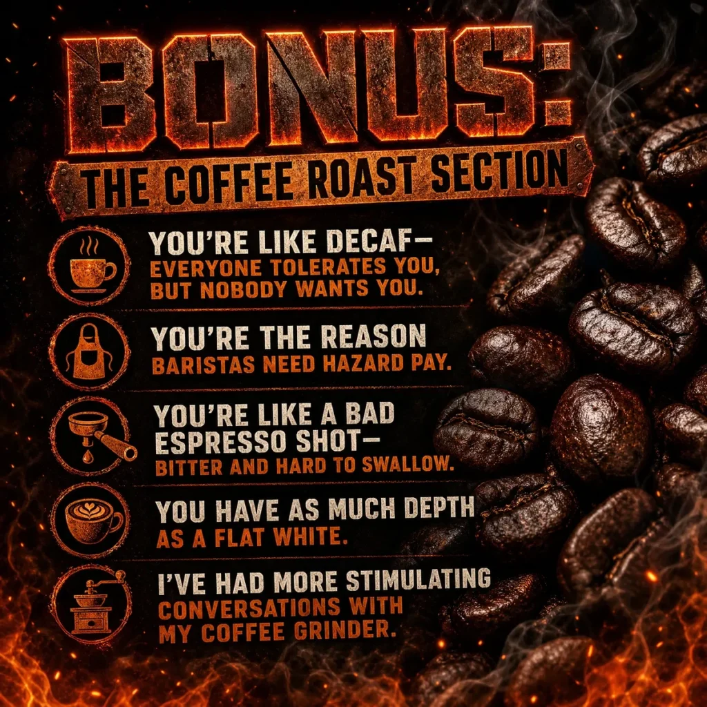 A square 1200x1200px graphic titled "BONUS: THE COFFEE ROAST SECTION" in a bold, glowing industrial font. The background features dark roasted coffee beans and rising smoke with fire embers at the bottom. Five humorous coffee-themed roasts are listed with corresponding icons, including jokes about decaf, baristas, bad espresso shots, flat whites, and coffee grinders.