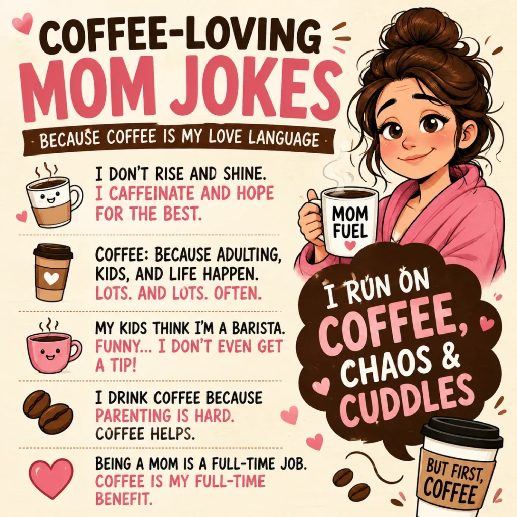 Coffee-loving mom holding a “Mom Fuel” mug with funny coffee jokes and playful illustrations in a warm pastel poster design.