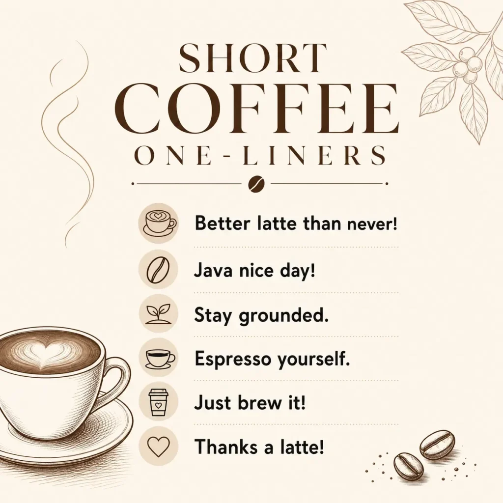 A 1200x1200px square graphic featuring a "Top Performing Coffee Puns" recap on a white marble background. The image shows a numbered list of six popular puns: "Words cannot espresso how much you bean to me", "Better latte than never!", "Java nice day!", "Espresso yourself", "Thanks a latte!", and "Just brew it!". Decorative elements include a steaming white coffee mug with "Life happens, coffee helps" text, scattered coffee beans, a wooden bowl of beans, and a small green plant.