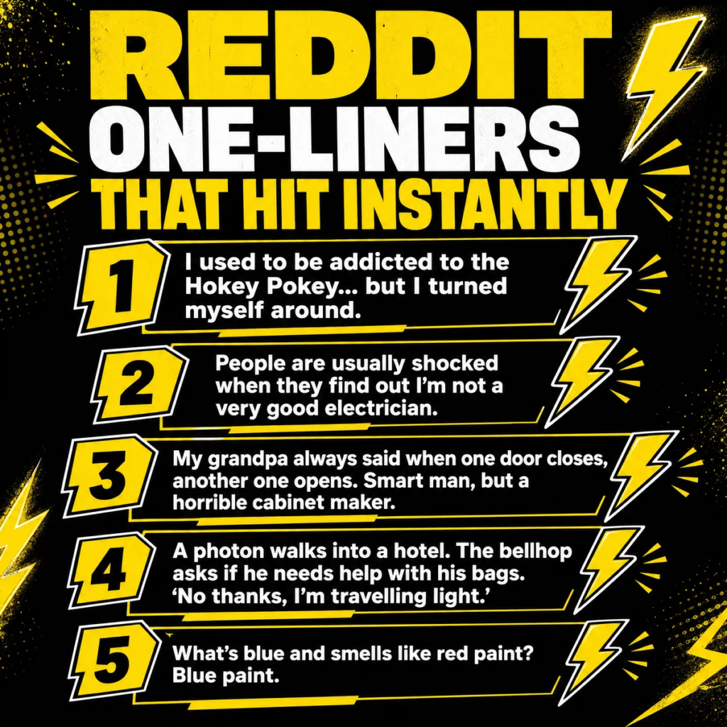 A bold square infographic with a black and yellow theme titled "REDDIT ONE-LINERS THAT HIT INSTANTLY". It lists five short jokes accompanied by lightning bolt icons and numbered yellow badges.