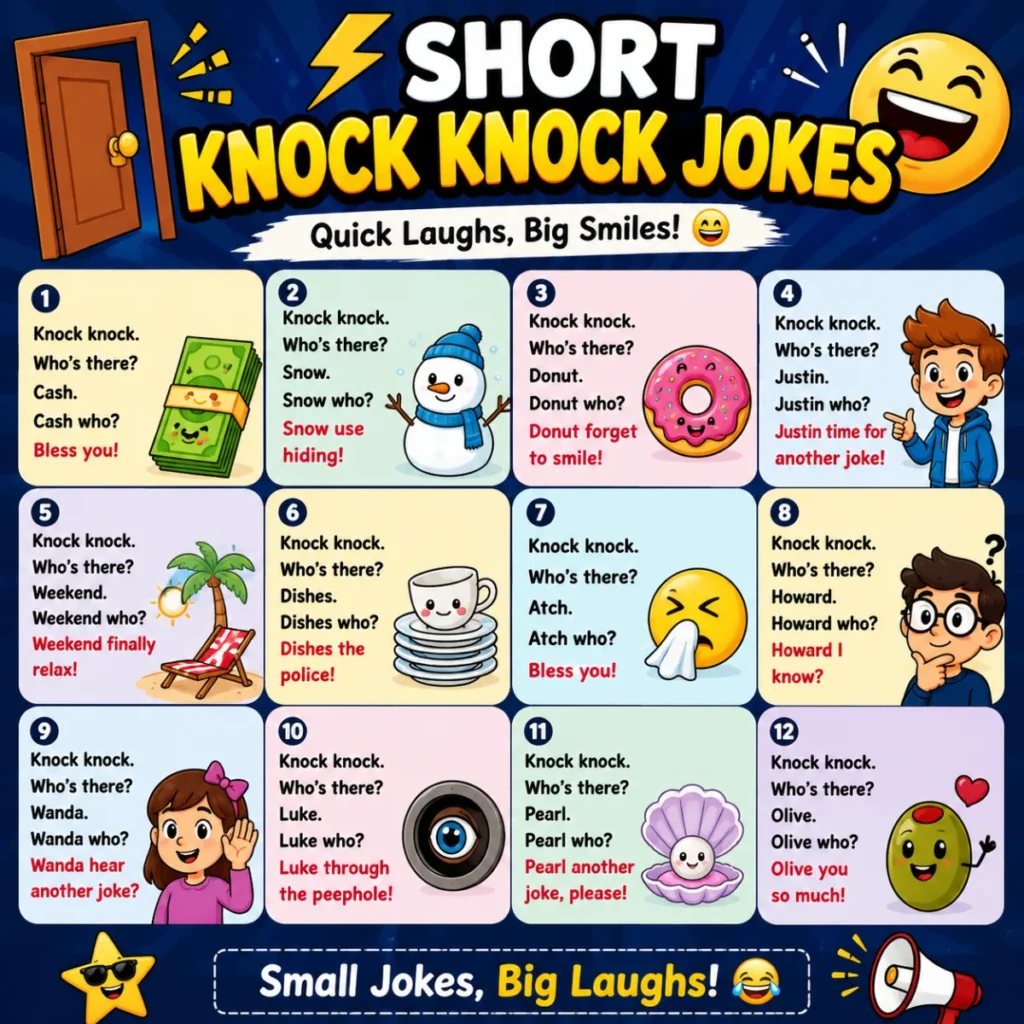 Colorful square illustration featuring short knock knock jokes, cartoon characters, laughing emojis, and playful joke panels designed for quick laughs and family-friendly humor.