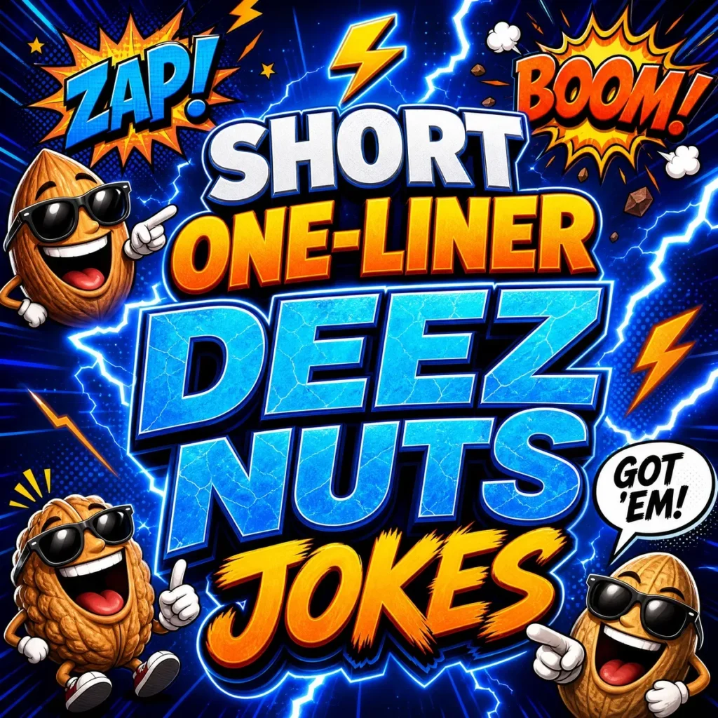 A high-energy 1200x1200px square graphic with a vibrant electric blue and neon orange color scheme. The center features bold 3D typography reading "SHORT ONE-LINER DEEZ NUTS JOKES." The background is filled with dynamic blue lightning bolts and comic-style action bursts labeled "ZAP!" and "BOOM!". Three funny cartoon nut characters wearing black sunglasses are laughing and pointing, with a speech bubble that says "GOT 'EM!".