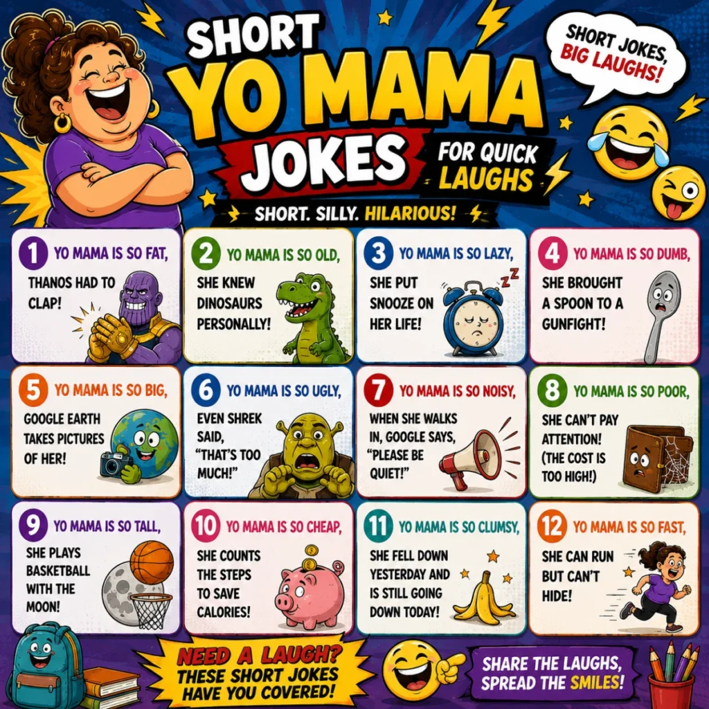 Colorful comic-style infographic featuring short Yo Mama jokes, a laughing cartoon mother character, funny illustrations, emojis, lightning bolts, and bright pop-art elements designed for quick laughs.