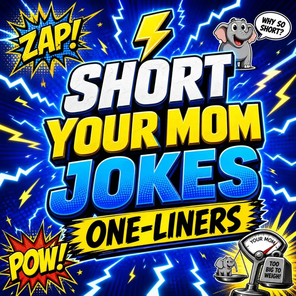 A high-energy, square social media graphic with a neon blue and yellow color scheme. Large 3D text in the center reads "SHORT YOUR MOM JOKES ONE-LINERS" with a lightning bolt icon. The background features comic-style "ZAP!" and "POW!" bursts, a laughing cartoon elephant, and a scale that says "TOO BIG TO WEIGH!"