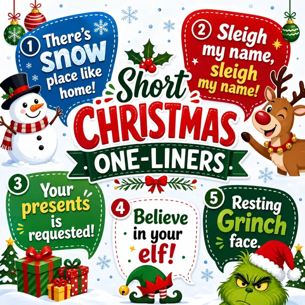 A colorful square 1200x1200px poster titled "Short Christmas One-Liners" featuring five fun holiday puns in speech bubbles: "There's snow place like home!", "Sleigh my name, sleigh my name!", "Your presents is requested!", "Believe in your elf!", and "Resting Grinch face." The design includes a snowman, reindeer, elf hat, and the Grinch.