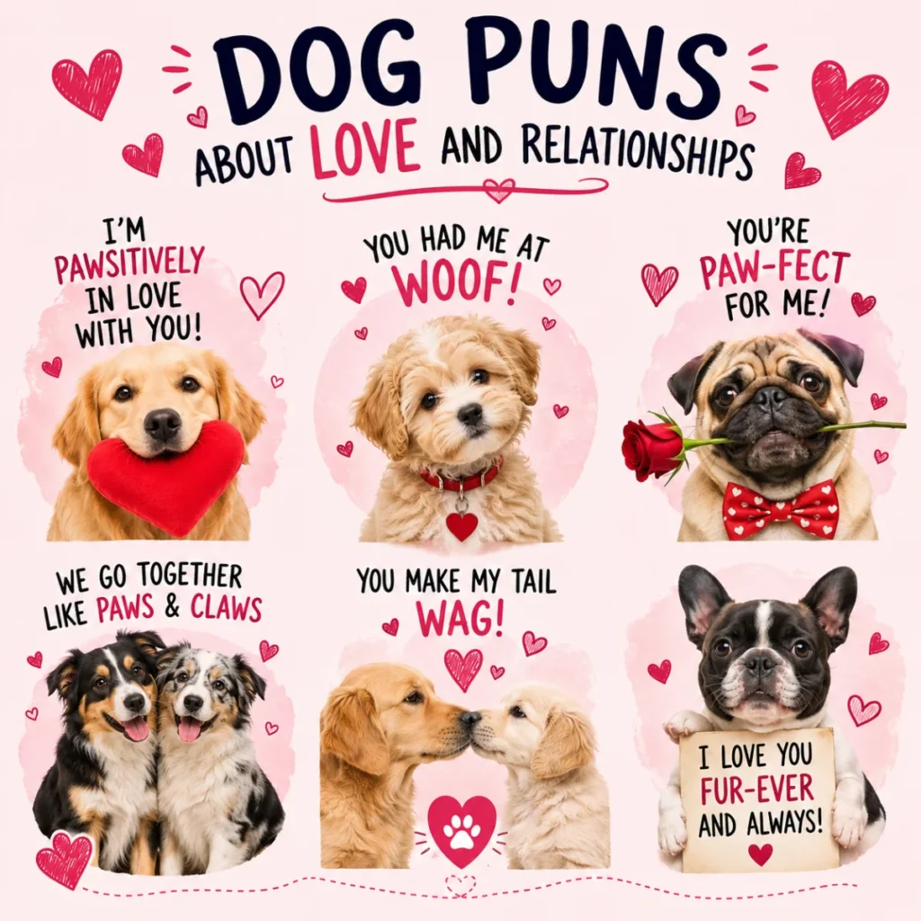 A playful collection of dog-themed love and relationship puns featuring cute and funny canine expressions about romance, loyalty, and companionship.