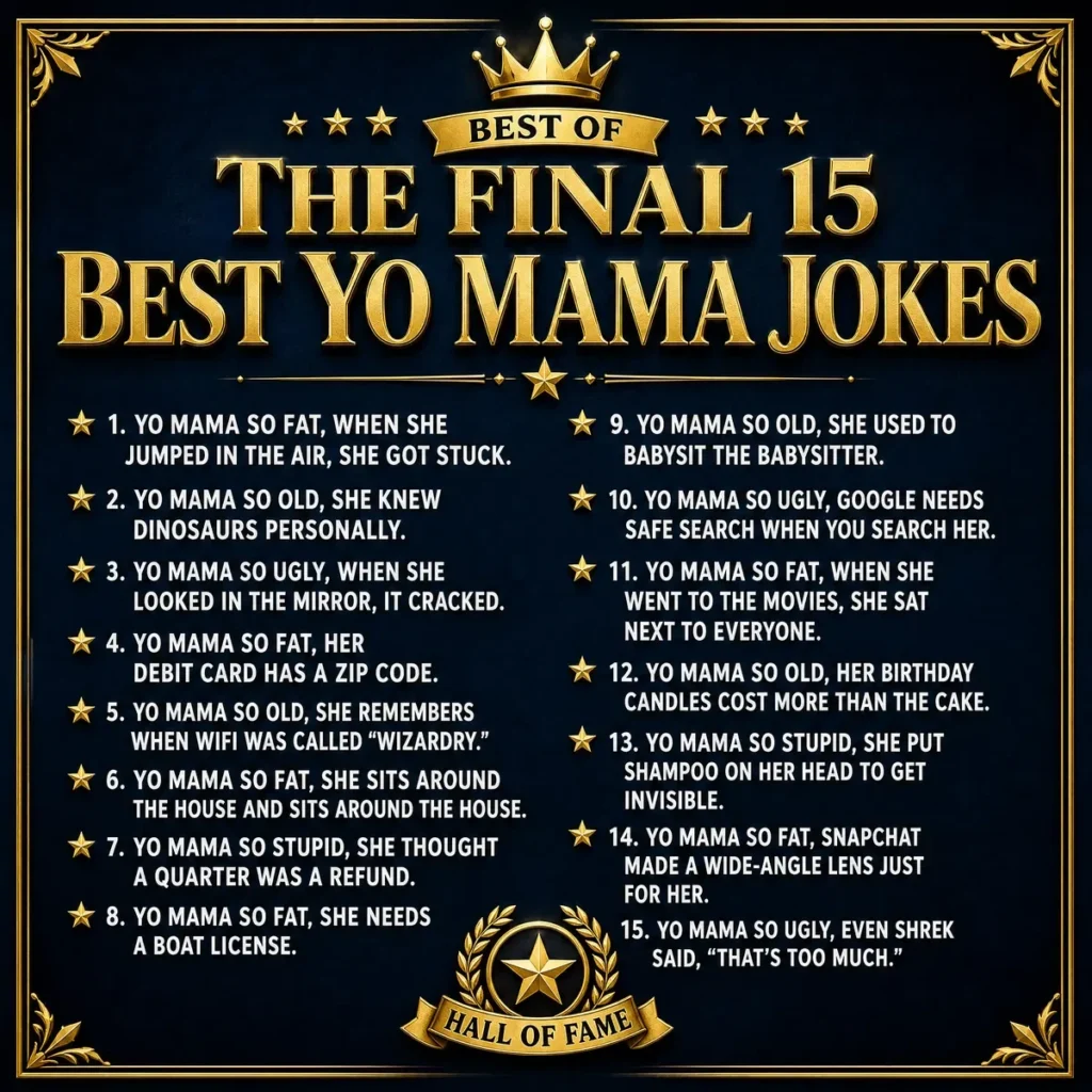 A square 1200x1200px graphic with a premium navy blue and gold theme. The title "THE FINAL 15 BEST YO MAMA JOKES" is prominently displayed in gold at the top. Two columns list 15 jokes with gold star bullet points. The design includes a "Hall of Fame" crest at the bottom and elegant gold corner flourishes.